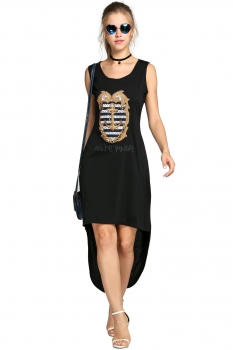 

Black Women Sleeveless Metal Chain Print High Low Hem Maxi Tank Casual Dresses, Multicolor