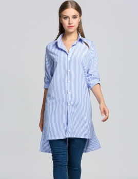 

Fashion Women Long Sleeve Striped Asymmetrical Hem Button Down Shirt Dress, Multicolor