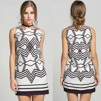 

Women Fashion Round Neck Sleeveless Geometric Pattern A-Line Short Dress, Multicolor