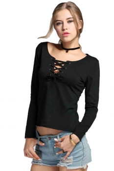

Black Lace Up O-Neck Hollow Front Long Sleeve Solid Slim Tops, Multicolor