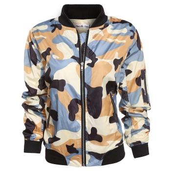 

Type 3 Long Sleeve Zip Up Camouflage Bomber Jacket with Pockets, Multicolor