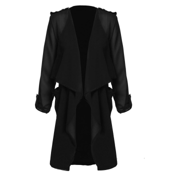 

Black 3"4 Sleeve Asymmstric Hem Ruffles Front Open Windbreak Coat, Multicolor