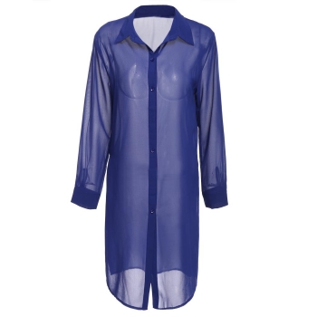 

Blue New Fashion Women Casual Chiffon Turn Down Collar Long Loose Shirts & Blouses, Multicolor