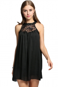 

Black Sleeveless Lace Chiffon Patchwork Loose Going Out Dress, Multicolor