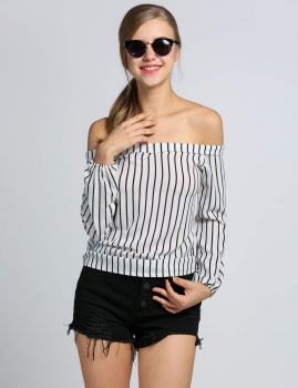 

White Slash Neck Long Sleeve Striped Off the Shoulder Chiffon Tops, Multicolor