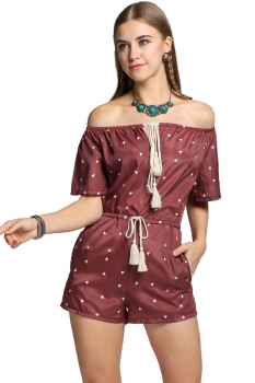 

Wine red Off Shoulder Drawstring Waist Print Pocket Romper, Multicolor