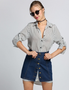 

Dark blue High Waisted Button-Down Denim A-Line Mini Skirt, Multicolor
