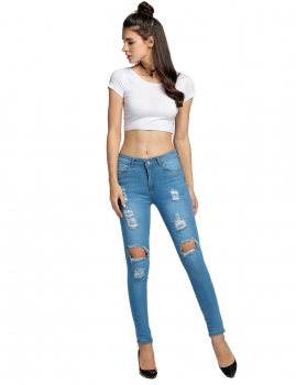 

Women Denim Ripped Hole Skinny Slim Stretch Pencil Jeans, Multicolor
