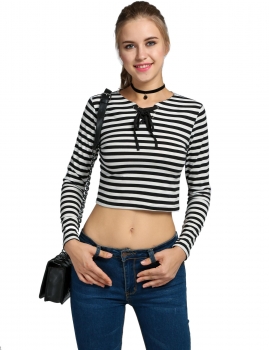 

Fashion Women Lace Up Long Sleeve Striped Slim Crop Tops, Multicolor