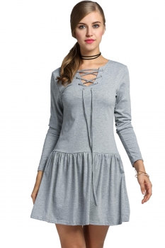 

Gray V-Neck Long Sleeve Low Waist Pleated Solid Dress, Multicolor