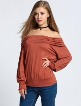 

Coffee Slash Neck Long Sleeve Off the Shoulder Solid Tops, Multicolor