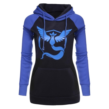 

Blue Hooded Long Sleeve Print Thick Splicing Color Sports Slim Pullover Hoodie, Multicolor