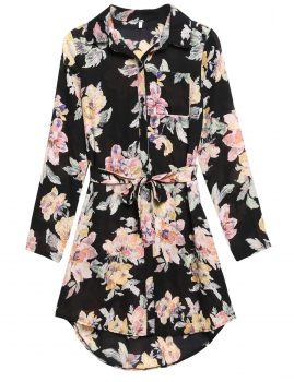 

Black Long Sleeve Print Bandage Mini Chiffon Shirt Casual Dress, Multicolor