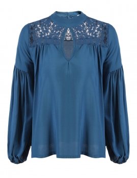 

Blue Round Neck Long Sleeve Key Hole Hollow Lace Patchwork Blouse, Multicolor