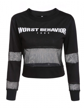 

Black O-Neck Long Sleeve Letter Print Pullover Fishnet Patchwork Cropped Hoodies & Sweatshirts, Multicolor