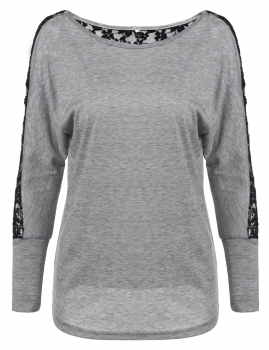 

Gray Long Bat Sleeve Casual Lace Floral Patchwork Tops, Multicolor