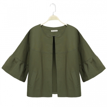 

Army green 3"4 Wide Sleeve Cotton Front Open Solid Loose Jacket, Multicolor