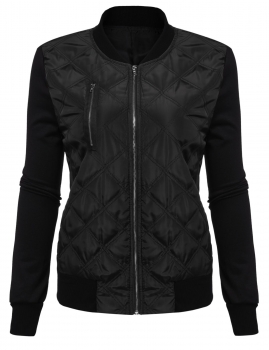 

Black Patchwork Slim Zip Up Short Casual Quilted Bomber Jacket, Multicolor