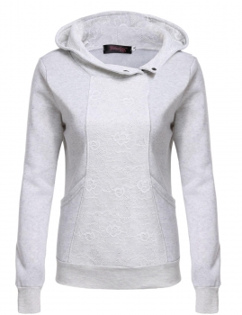 

Gray Long Sleeve Lace Patchwork Pullover Hooded with Pockets Hoodiess, Multicolor