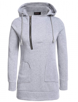 

Gray Long Sleeve Half-Zip Pullover Solid Hooded Hoodie, Multicolor