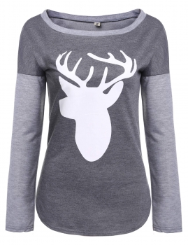 

Gray O-Neck Drop-Shoulder Sleeve Print Pullover Sweatshirt, Multicolor