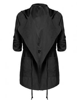 

Black Hooded Roll Up Sleeve Drawstring Waist Solid Coat, Multicolor