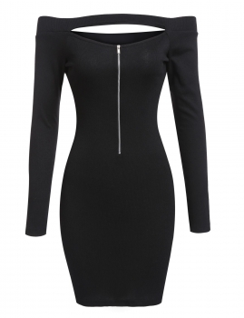 

Black Off Shoulder Long Sleeve Half Zip Bodycon Pencil Going Out Dress, Multicolor