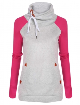 

Red Cowl Collar Pullover Patchwork Fleece Sweatshirt With Pockets, Multicolor