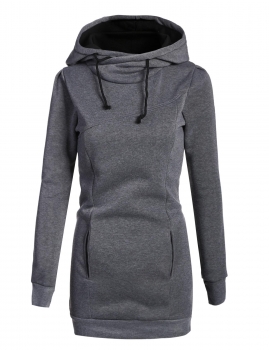 

Gray Hooded Long Sleeve Pocket Solid Slim Pullover Hoodie, Multicolor
