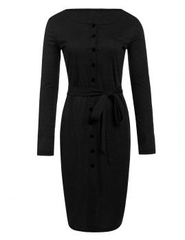 

Black New Fashion Women O-Neck Single-breasted Button Long Sleeve Slim Casual Dresses, Multicolor