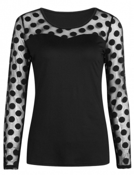 

Women Slim Long Sleeve Hollow Mesh Patchwork Polka Dot T-Shirt, Multicolor