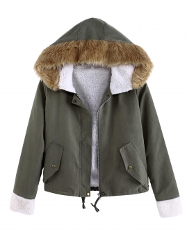 

Army green Faux Fur Hooded Long Sleeve Front Zipper Solid Coats, Multicolor