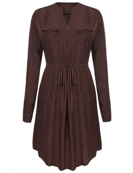 

Women V-Neck Roll Up Long Sleeve Drawstring Waist Casual Dress With Pockets, Multicolor