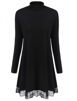 

Fashion Women Turtleneck Long Sleeve Lace Trim Tunic Dress, Multicolor