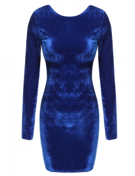 

Blue Velvet O-Neck Long Sleeve Backless Bodycon Party Dress, Multicolor