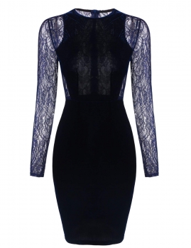 

Sexy Women O-Neck Long Sleeve Sheer Lace Back Bodycon Pencil Dress, Multicolor