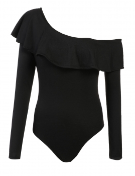 

Black Long Sleeve Ruffled One Shoulder Leotard Solid Slim Bodysuit, Multicolor