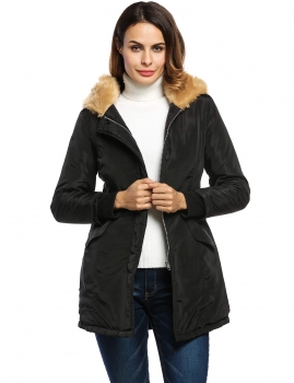 

Black Solid Long Sleeve Synthetic Fur Hood Winter Down Coat, Multicolor