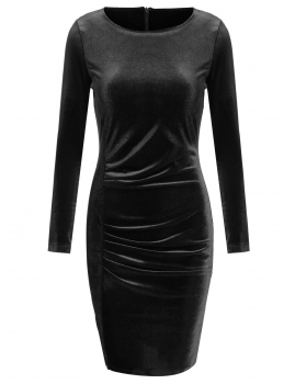 

Black New Fashion Women Casual Lint O-Neck Long Sleeve Solid Pleated Party Dresses, Multicolor