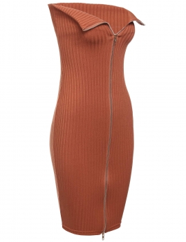 

Brown Zip Bandeau Ribbed Curve Bodycon Slim Going Out Dress, Multicolor