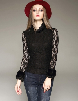 

D. FANNI Black High Neck Illusion Sleeves Lace Top with Faux Fur Cuffs, Multicolor