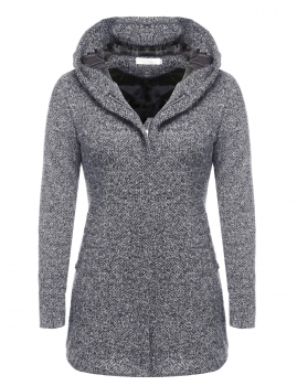 

Gray Long Sleeve Hooded Front Zipper Long Coat, Multicolor