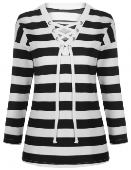 

Black and White Pullover Long Sleeve Stripe Loose Drawstring Sweatshirt, Multicolor