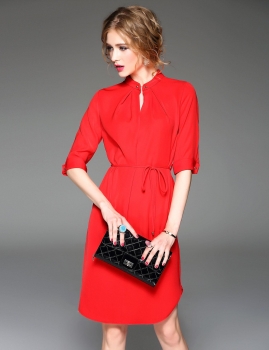 

Too Tang Stand Collar Half Sleeve Key Hole Solid Short Dress, Multicolor