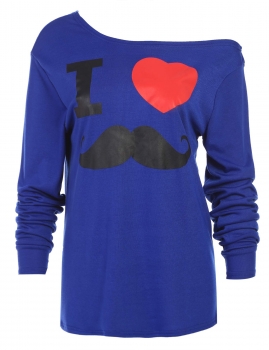 

Blue Long Sleeve Pullover Oblique Collar Print Slim T Shirt, Multicolor