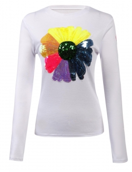 

White O-Neck Long Sleeve Flower Sequined Slim Fit Tops, Multicolor