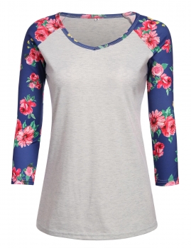 

V-Neck Raglan 3"4 Sleeve Floral Patchwork T-Shirt Top, Multicolor