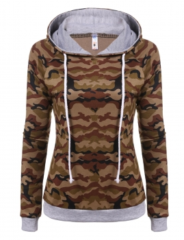 

Brown Long Sleeve Camouflage Print Hooded Pullover Hoodie, Multicolor
