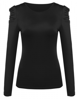 

Black Long Sleeve Neck Solid Slim Pullover Pleated Shoulder Casual Tops, Multicolor