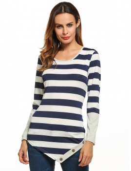 

Blue and White Long Sleeve O Neck Slim Pullover Stripe Patchwork Tunics, Multicolor